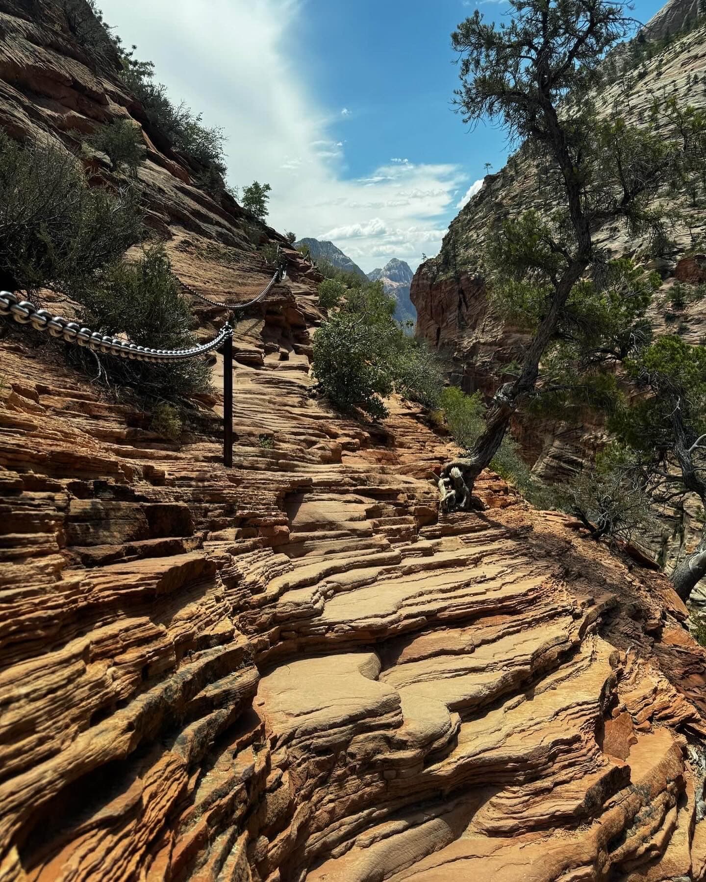 A narrow rock fin with chains for support on the Angel's Landing hike